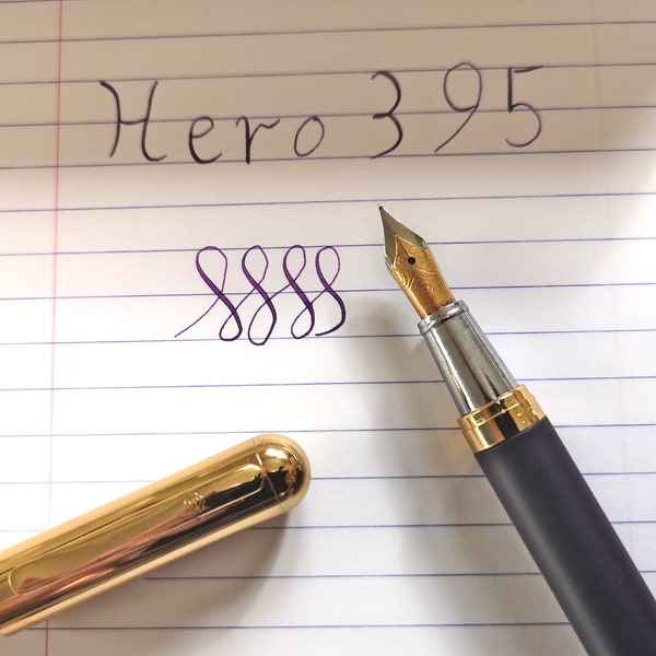 Hero 395 fountain pen with semi flexible springy nib. Flex nib ink pen