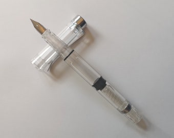 Clear Piston Demonstrator Fude / italic nib / fine nib fountain pen for Calligraphy, Transparent ink pen