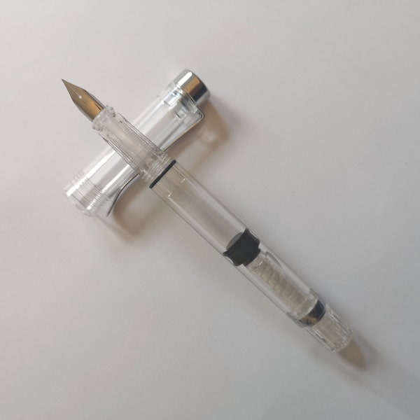 Clear Piston Demonstrator Fude / italic nib / fine nib fountain pen for Calligraphy, Transparent ink pen