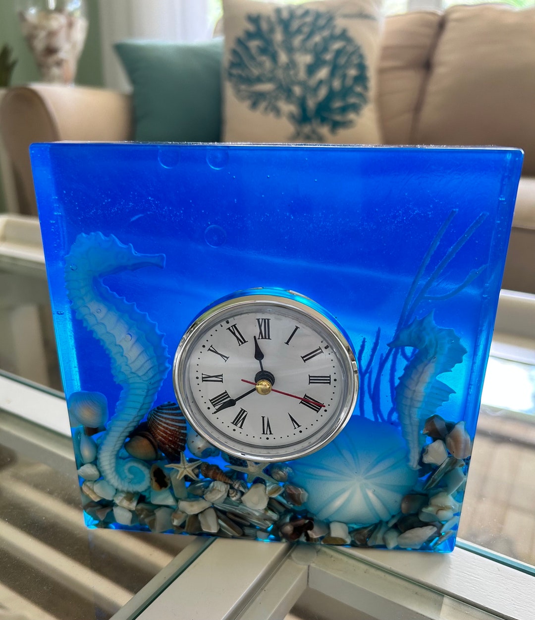 Seahorse Resin Clock/seashell Clock/coastal Table Decor Clock/under the