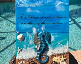 Resin Seahorse Wall Art on Wood Plank, Beach Decor