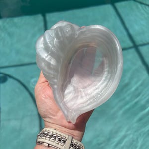 May include: A translucent, pearlescent white seashell-shaped dish with a smooth, glossy finish and a curved, ridged exterior. The object features a deep, open center and a tapered bottom point, showcasing a shimmering, iridescent quality throughout.