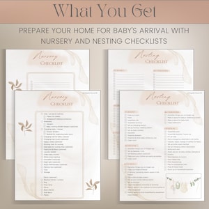May include: Printable checklists for preparing your home for a new baby's arrival. The checklists are divided into two categories: Nursery and Nesting. The Nursery checklist includes items such as crib, changing table, and baby monitor. The Nesting checklist includes items such as decluttering, organizing, and preparing the bathroom and kitchen.