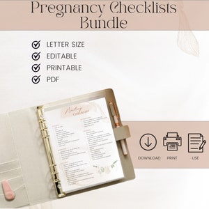May include: A printable checklist for preparing for a new baby. The checklist is in a binder with a pen and includes sections for nursery, bathroom, general, residency, and activities. The checklist is labeled "Nesting Checklist".