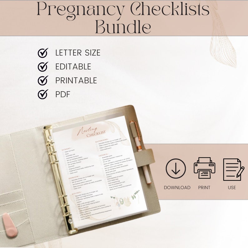 May include: A printable checklist for preparing for a new baby. The checklist is in a binder with a pen and includes sections for nursery, bathroom, general, residency, and activities. The checklist is labeled "Nesting Checklist".