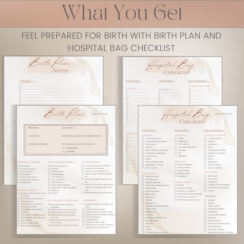 May include: A printable checklist for preparing a hospital bag for a new parent. The checklist is divided into three sections: For Mum, For Baby, and For Partner. Each section includes a list of items to pack, such as clothes, toiletries, and other essentials.