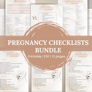 Puede incluir: Un paquete de listas de control de embarazo imprimibles con 13 páginas. Las listas de control están organizadas por trimestre e incluyen tareas como registrarse para la atención prenatal, configurar el equipo para el bebé y prepararse para el parto.