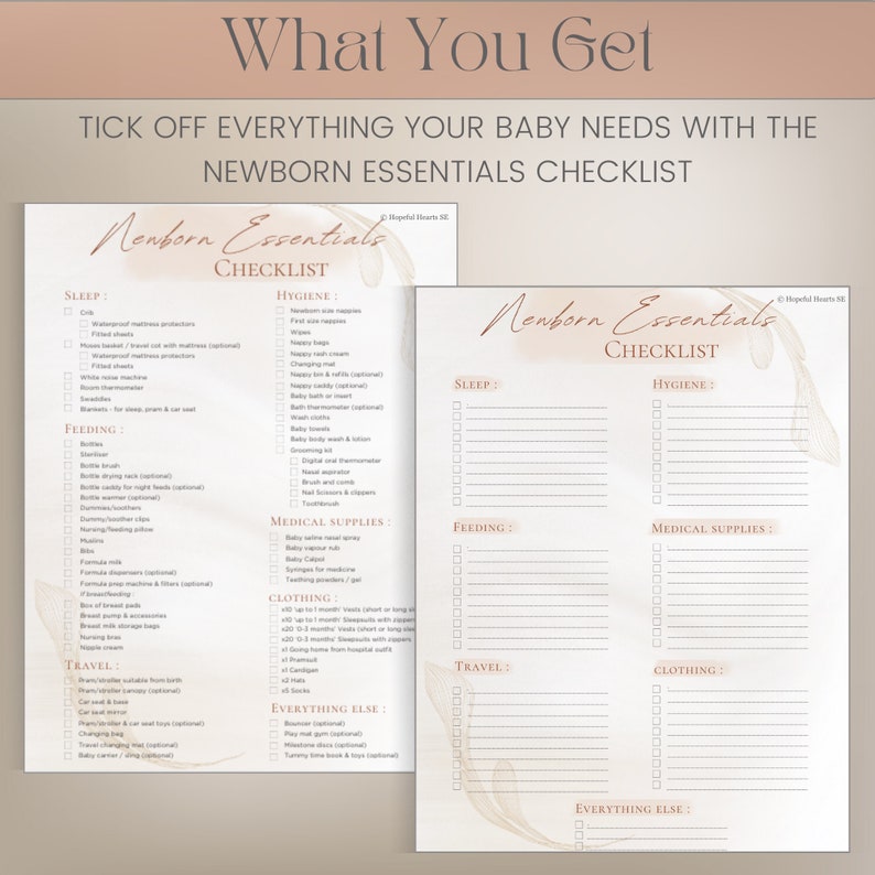 May include: A printable checklist for new parents to help them prepare for their baby's arrival. The checklist is divided into categories such as sleep, hygiene, feeding, medical supplies, clothing, travel, and everything else. The checklist is designed to help parents make sure they have everything they need for their new baby.
