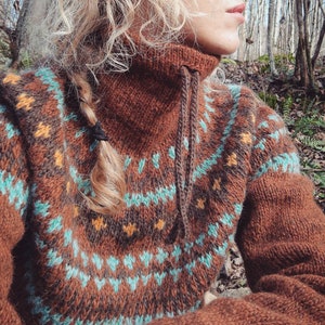 RTS Hand knitted Icelandic high neck wool winter sweater. Fair isle knitted wool turtleneck.