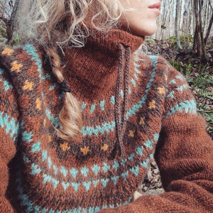 MTO Hand knitted Icelandic high neck wool winter sweater. Fair isle knitted wool turtleneck.