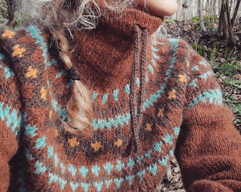 MTO Hand knitted Icelandic high neck wool winter sweater. Fair isle knitted wool turtleneck.