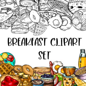 Breakfast foods and drinks elements Clipart. Digital Download. Colored and Black and White Lineart.