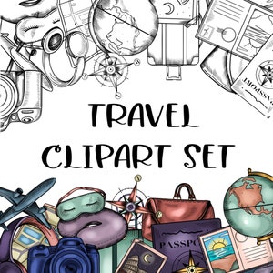 Travel elements Clipart set. Digitally drawn, Line art and colored versions. DIGITAL DOWNLOAD