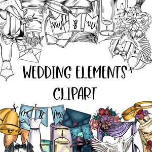 Wedding elements Clipart. Digital Download. Colored and Black and White Lineart.