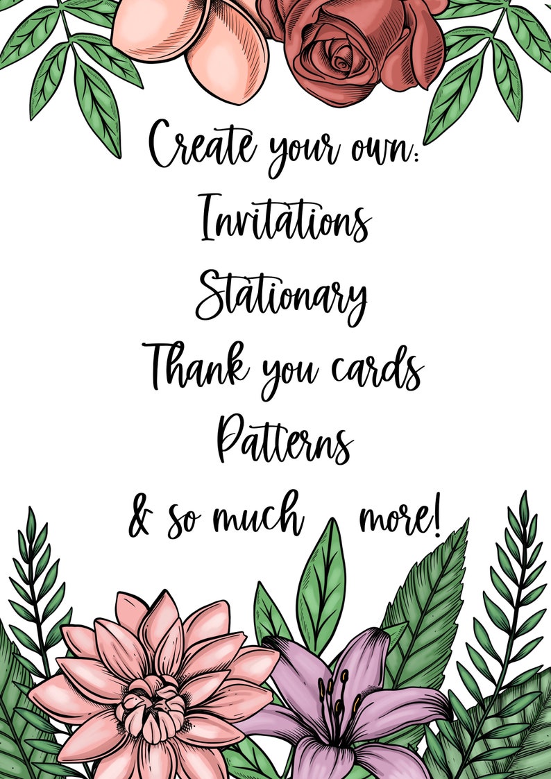Może przedstawiać: Cyfrowa ilustracja wzoru kwiatowego z r&oacute;żowymi, czerwonymi i fioletowymi kwiatami i zielonymi liśćmi. Tekst "Create your own: Invitations Stationary Thank you cards Patterns & so much more!" jest napisany czarnym kursywą.