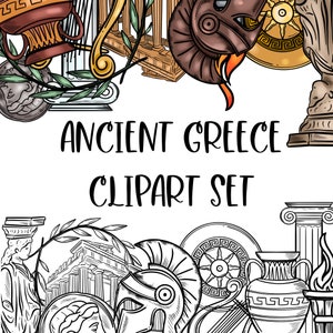 Éléments de la Grèce antique Ensemble de cliparts. Téléchargement numérique, dessin au trait et versions colorées.