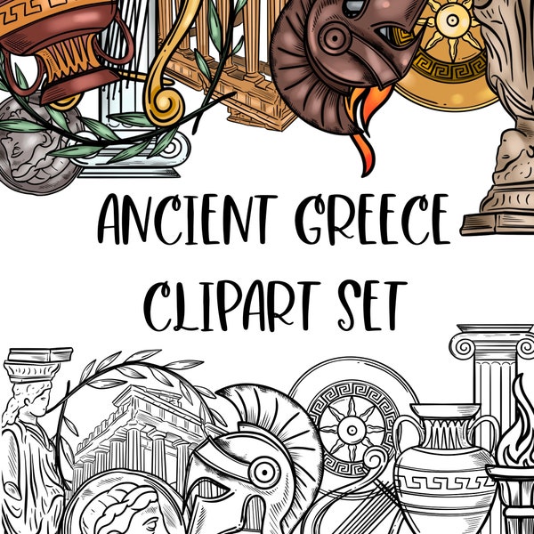 Ancient Greece elements Clipart set. Digital download, Line art and colored versions.