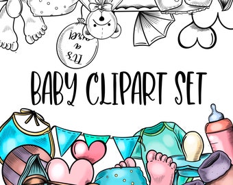 Puede incluir: Un conjunto de clipart para bebé con una variedad de artículos, incluyendo una cuna, un osito de peluche, un biberon, un chupete, un par de botitas y un corazón. El clipart está en un estilo de dibujos animados y es perfecto para usar en proyectos relacionados con bebés.