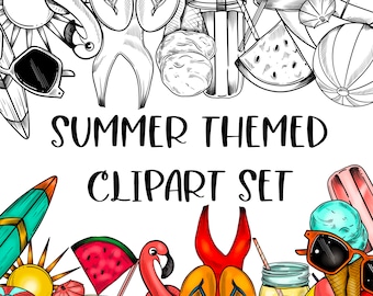 Summer Elements Clipart Set: Colored & Lineart (Digital Download)