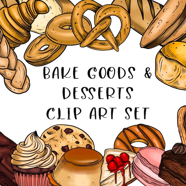 Pastries, desserts, bread and bake goods Clipart. Digital download. Black and White and Colored version.