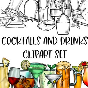 Bevande, cocktail, bevande insieme di clipart. Disegni al tratto in bianco e nero con sfondo trasparente e una versione colorata. DOWNLOAD DIGITALE.