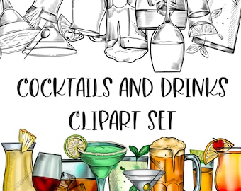 Drinks, cocktails, beverages Clipart Set. Black and white line art with transparent background and a colored version. DIGITAL DOWNLOAD.