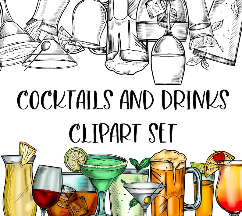 K&ouml;nnte beinhalten: Ein Satz handgezeichneter Illustrationen von Cocktails und Getr&auml;nken. Die Illustrationen sind in Schwarzwei&szlig; gehalten und zeigen verschiedene Getr&auml;nkesorten, darunter Margaritas, Martinis und Bier. Der Text "Cocktails and Drinks Clipart Set" ist oben im Bild in Schwarz geschrieben.