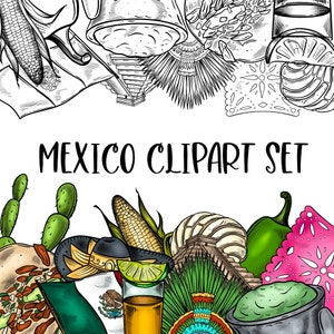 Mexico Clipart Set (Black and White Lineart and Color versions) 12 elements