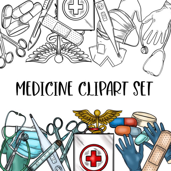 Medicine-themed Clip art set. Black and white Lineart AND Colored versions. Digital Download