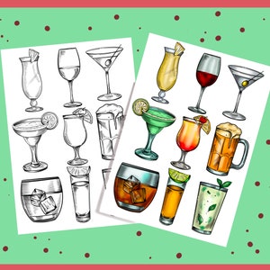 K&ouml;nnte beinhalten: Ein druckbares Blatt mit 16 Cocktail-Illustrationen. Das Blatt ist in zwei Spalten unterteilt. Die linke Spalte zeigt Schwarzwei&szlig;-Zeichnungen von Cocktails. Die rechte Spalte zeigt farbige Illustrationen von Cocktails.