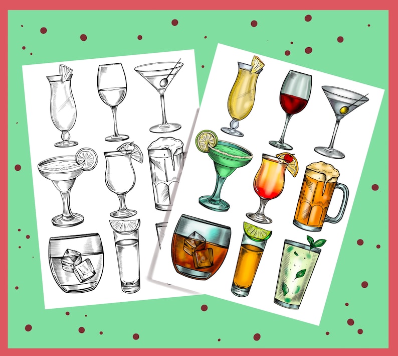 K&ouml;nnte beinhalten: Ein druckbares Blatt mit 16 Cocktail-Illustrationen. Das Blatt ist in zwei Spalten unterteilt. Die linke Spalte zeigt Schwarzwei&szlig;-Zeichnungen von Cocktails. Die rechte Spalte zeigt farbige Illustrationen von Cocktails.
