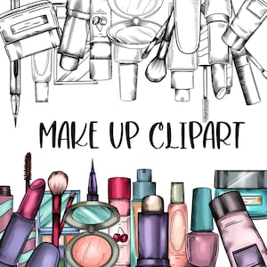 May include: A collection of makeup products, including eyeshadow palettes, lipstick, mascara, eyeliner, and foundation, arranged in a decorative design. The text "MAKE UP CLIPART" is written in the centre of the image.