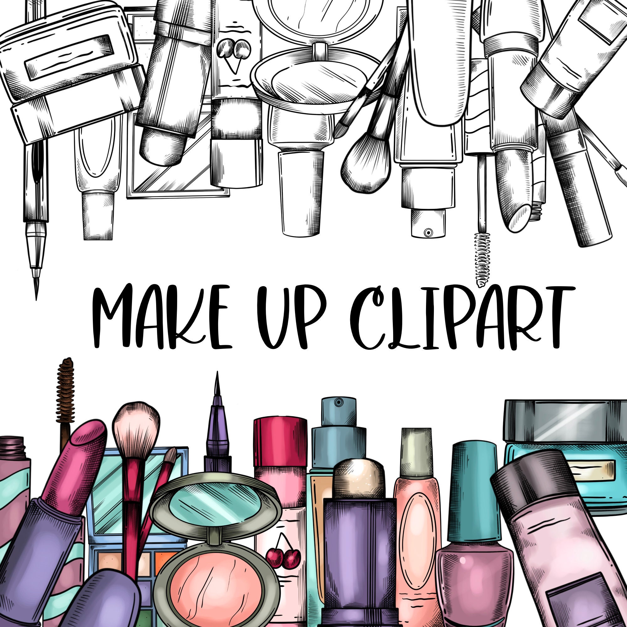 Makeup elements Clipart. Digital Download. Colored and Black and White Lineart.