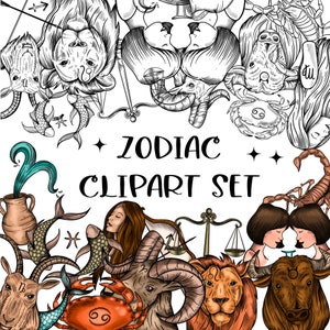 Zodiac sign elements Clipart set. Digitally drawn, Line art and colored versions. DIGITAL DOWNLOAD