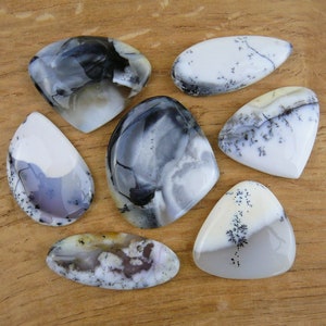 Peut inclure: Sept cabochons d'agate de différentes formes et tailles, présentant des motifs dendritiques blancs, gris et noirs. Les cabochons sont disposés sur une surface en bois.