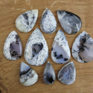 Könnte beinhalten: Eine Sammlung von 10 tropfenförmigen, weißen, grauen und schwarzen dendritischen Achat-Cabochons. Die Cabochons sind in einem Kreis auf einer Holzoberfläche angeordnet.