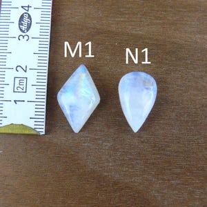 May include: Two moonstone cabochons labeled M1 and N1 next to a ruler. The M1 stone is diamond-shaped, and the N1 stone is pear-shaped. Both stones exhibit a translucent white appearance with blue iridescence. The ruler shows a scale in centimeters.