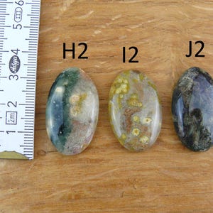 Op de afbeelding: Drie ovaalvormige gepolijste edelstenen met de labels H2, I2 en J2, geplaatst naast een witte liniaal met metingen in centimeters. De stenen vertonen gevarieerde patronen van groene, bruine, gele en donkergrijze insluitingen in het oppervlak.