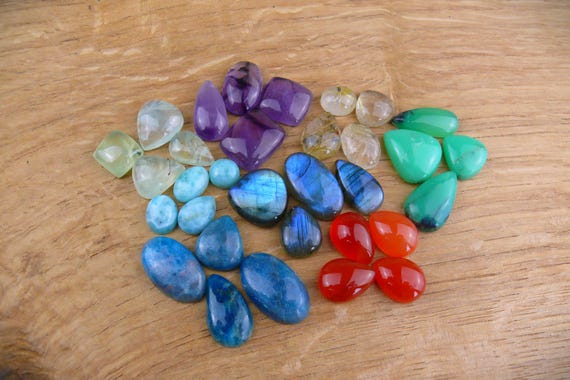 Edelstein Cabochons || 4er-Sets || Labradorit, Prehnit, Amethyst, Karneol, Rutilquarz, Larimar, Apatit, Chrysopras, Sonnenstein, Chrysokoll
