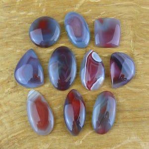 Op de afbeelding: Een verzameling van tien gepolijste cabochon edelstenen met gladde, afgeronde oppervlakken. De stenen vertonen een mix van donkerrode, kastanjebruine en doorschijnende grijze of blauwachtige bandpatronen in diverse vormen zoals ovaal, druppel en vierkant.