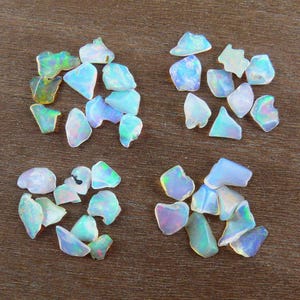 May include: Four clusters of raw opal gemstones, each with a unique shape and iridescent colour play. The opals display a range of colours, including blues, greens, and flashes of other hues, set against a brown wooden surface.