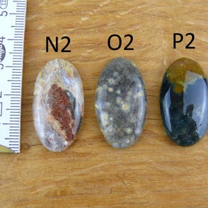 Op de afbeelding: Drie ovaalvormige gepolijste edelstenen met de labels N2, O2 en P2. De eerste is cr&egrave;me en bruin, de tweede is donkergrijs met gele stippen en de derde is donkerblauw en bruin. Een witte liniaal toont een lengte van ongeveer 4 cm.