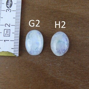 May include: Two oval-shaped, translucent white moonstones labeled G2 and H2, positioned next to a white measuring tape showing metric increments. The stones exhibit a subtle blue iridescent sheen and a smooth, polished surface finish.