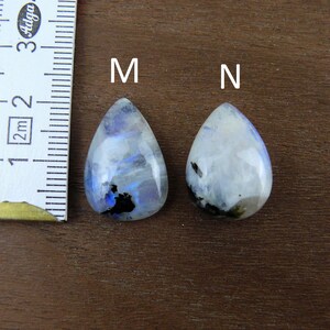 Puede incluir: Dos cabujones de piedra lunar en forma de l&aacute;grima, etiquetados M y N, con una regla para la escala. Las piedras son principalmente blancas con inclusiones azules y negras. La regla muestra medidas en cent&iacute;metros.