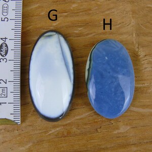 以下が含まれることがあります： 木製の表面に、白と青の2つの楕円形の宝石が展示されています。宝石の左側には定規があります。白い宝石は渦巻き模様で、青い宝石は大理石のような外観をしています。