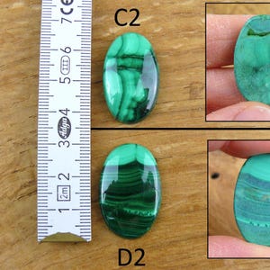 May include: Oval-shaped malachite gemstones with dark green and light green patterns. The image includes a ruler for size reference. The gemstones are displayed on a wooden surface. The text "C2" and "D2" are visible.