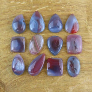 Può includere: Una collezione di dodici pietre preziose cabochon lucidate in varie forme, tra cui a goccia, ovale e quadrata. Le pietre presentano superfici lisce e lucide con motivi vorticosi in tonalità di rosso scuro, viola, blu e grigio traslucido.