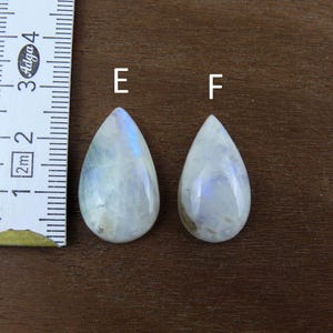 Puede incluir: Dos cabujones de piedra lunar en forma de l&aacute;grima con tonos iridiscentes azules y blancos. Las piedras preciosas se exhiben sobre una superficie de madera junto a una regla. Las piedras lunares miden aproximadamente 2,5 cm de largo.