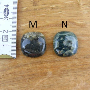May include: Two polished, rounded stones labeled M and N, positioned next to a white ruler. Stone M is dark gray and black with a textured top edge. Stone N features a mottled pattern of dark green, black, and white. The ruler shows a scale in cm.