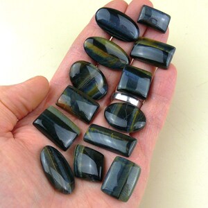 Può includere: Una collezione di pietre preziose occhio di tigre blu lucide in varie forme, tra cui ovali e rettangoli. Le pietre hanno un effetto chatoyant con striature dorate e gialle. Le pietre preziose sono tenute in una mano.